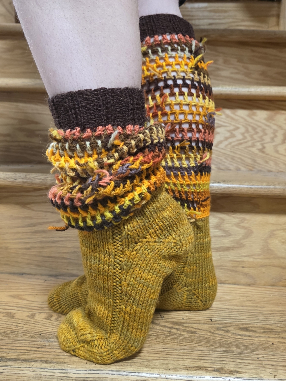 Handknit Mustard Yellow & Multicolor Slouchy Wool Socks - Women Accessories